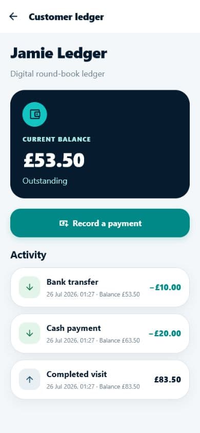 Roundflow payment history showing charges, payments and the remaining balance