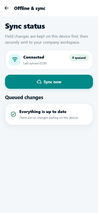 Roundflow sync status showing that field changes are safely up to date